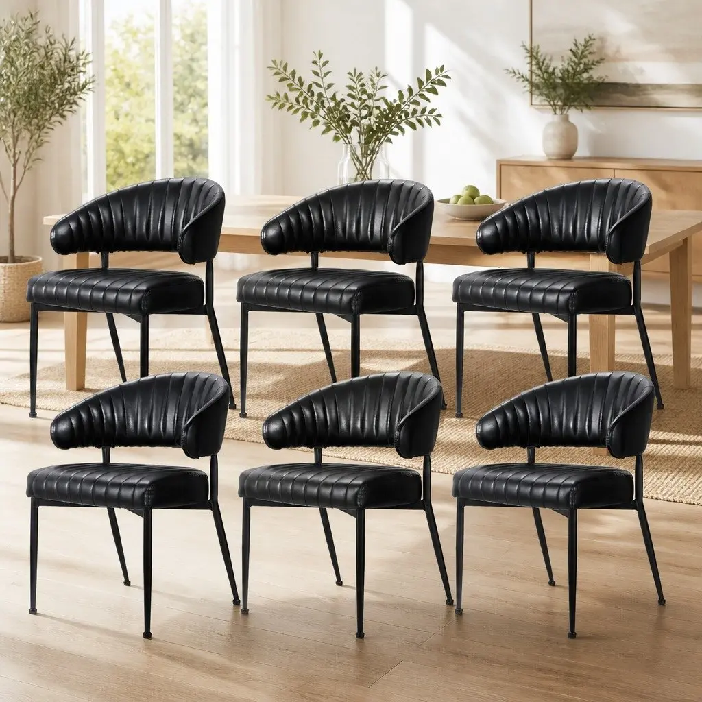 Set of 6 Black Leather Dining Chairs with Armrests