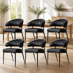 Set of 6 Black Leather Dining Chairs with Armrests