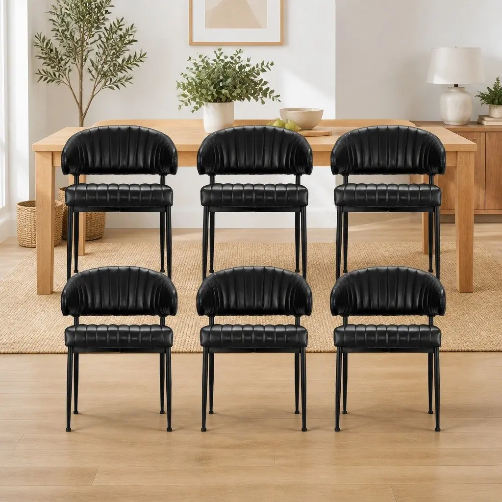 Dining Chairs Black Leather Padded Cushion Metal Frame Set of 6