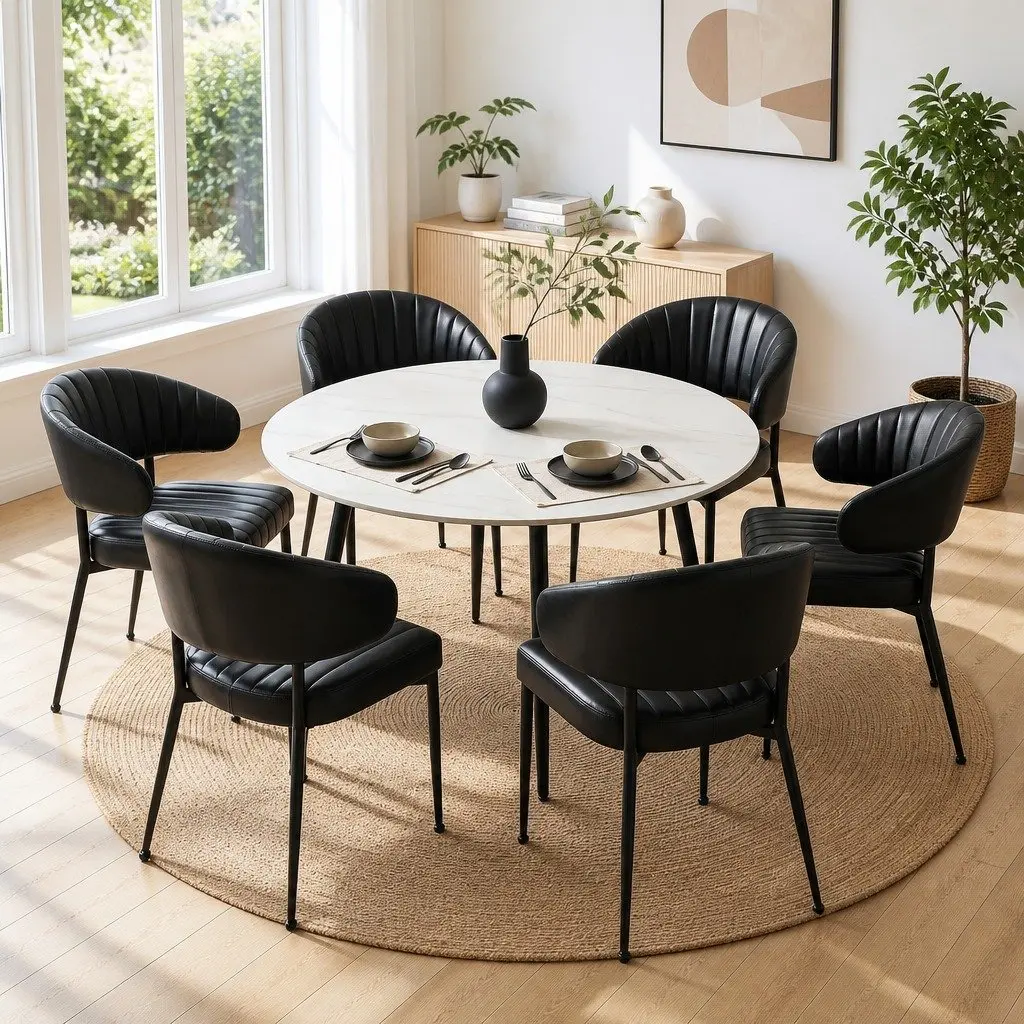 Dining Chairs Black Leather Padded Cushion Metal Frame Set of 6
