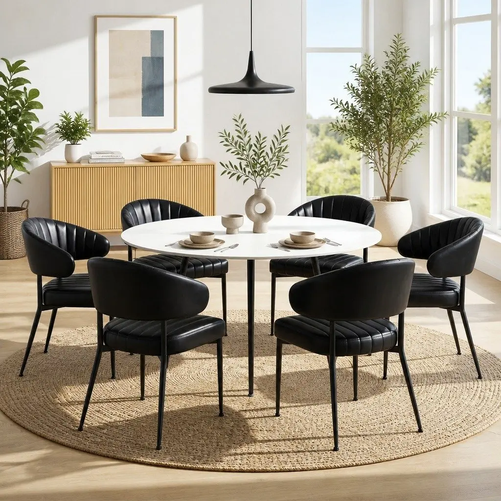 Dining Chairs Black Leather Padded Cushion Metal Frame Set of 6