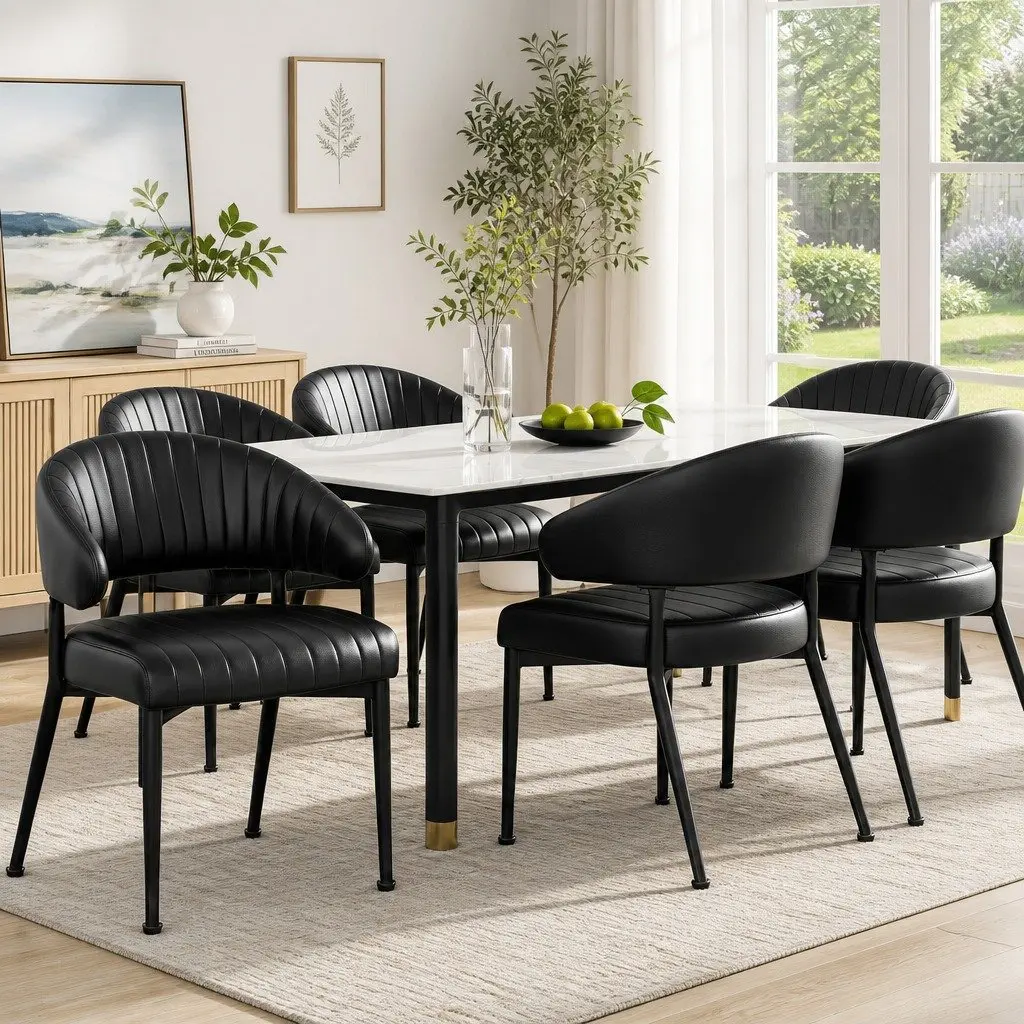 Dining Chairs Black Leather Padded Cushion Metal Frame Set of 6