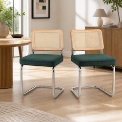 Set of 2 Green Velvet Dining Chairs with Rattan Backrest