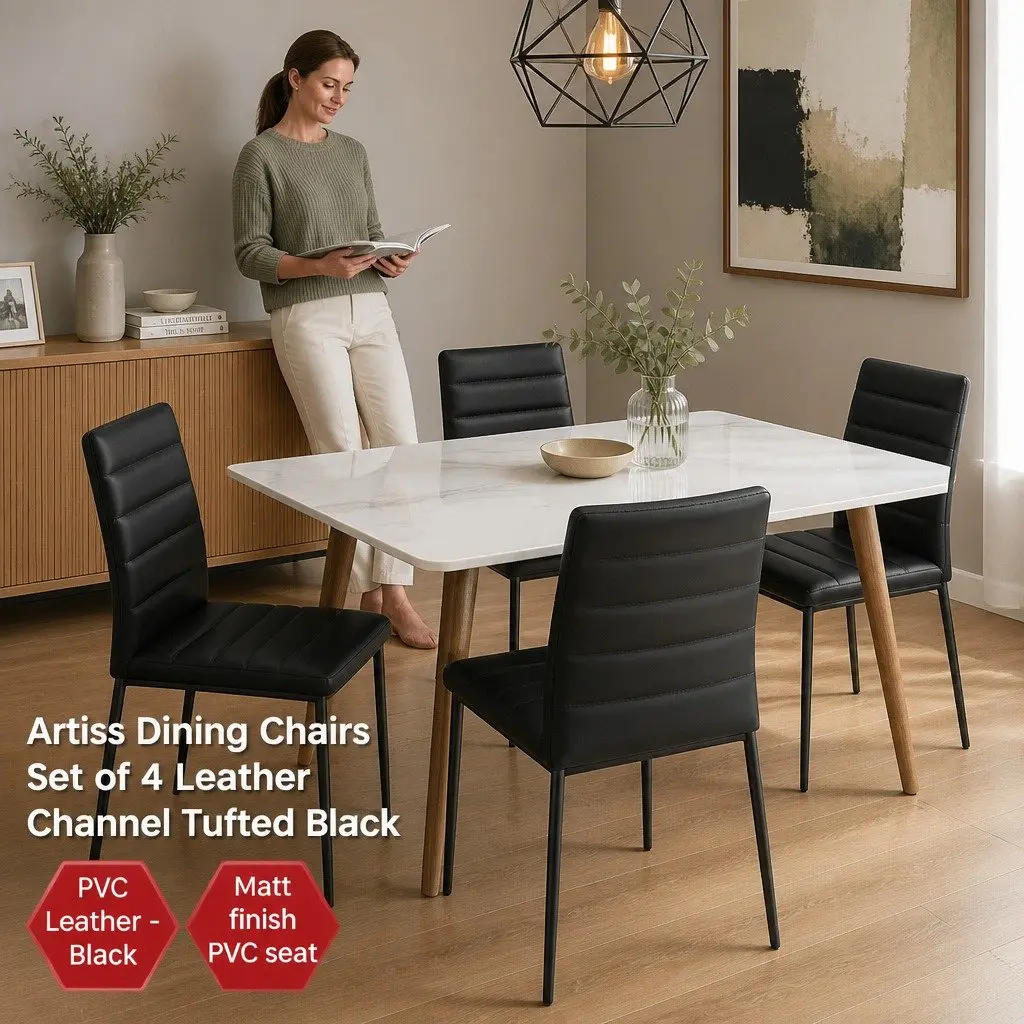 Set of 4 Black Channel Tufted Dining Chairs