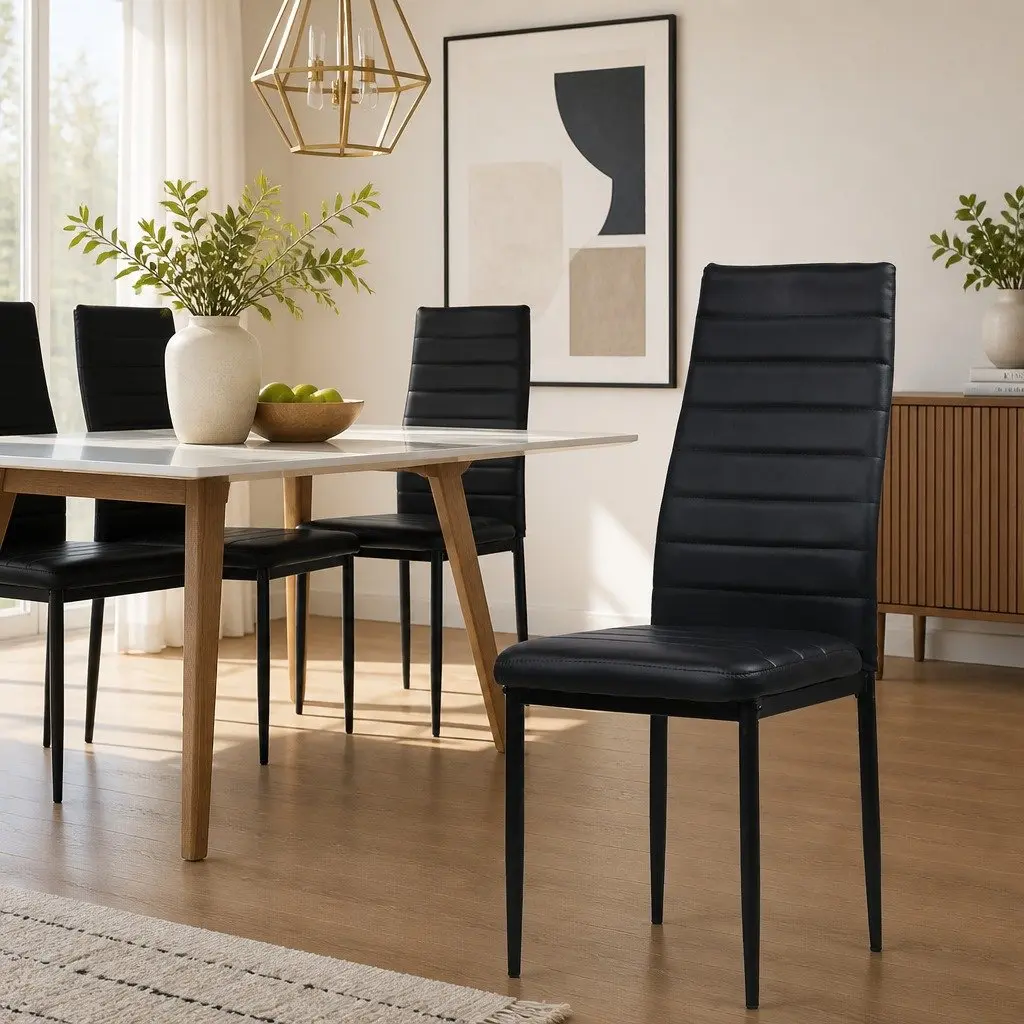 Set of 4 Black Channel Tufted Dining Chairs