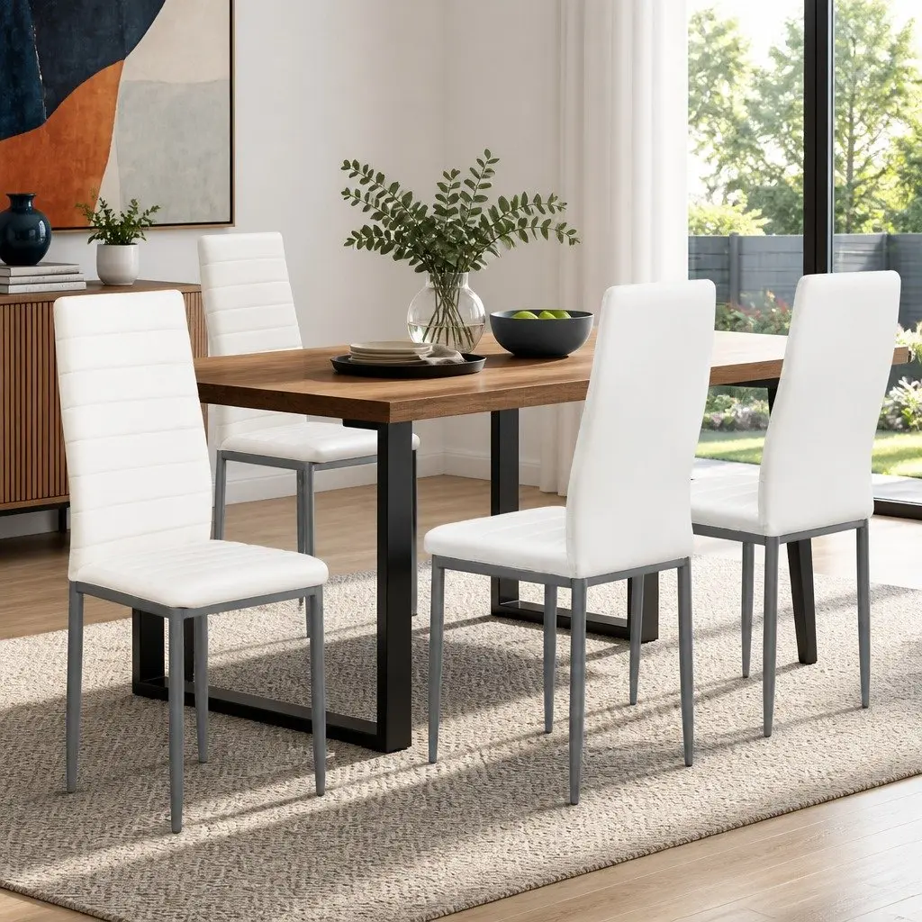 Dining Chairs Channel Tufted PVC Seat White Grey 4 Piece