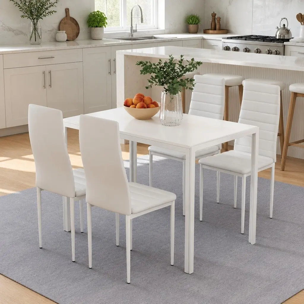 5 Piece White Dining Set with Modern Rectangular Table