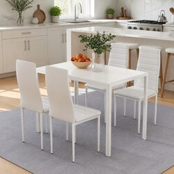 5 Piece White Dining Set with Modern Rectangular Table