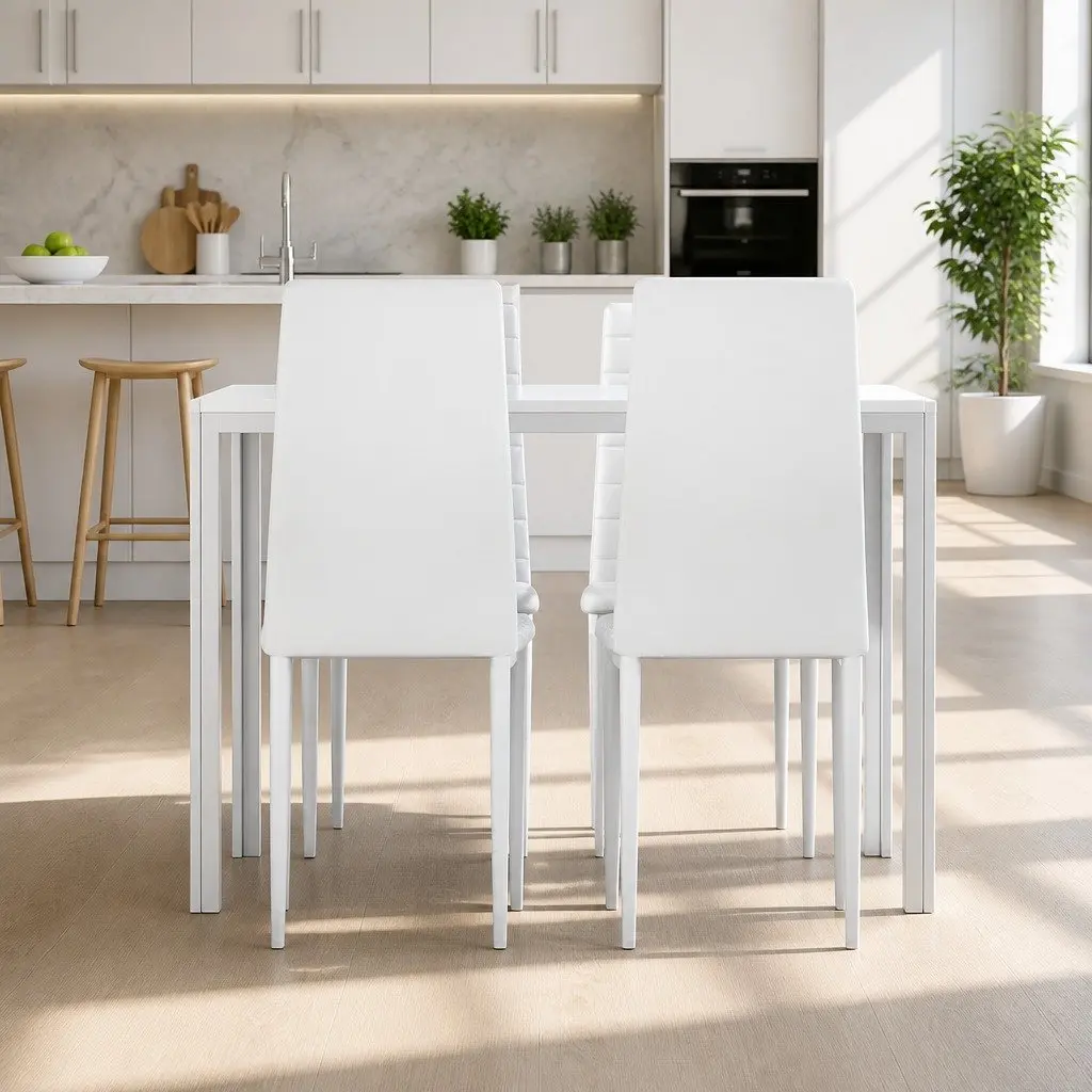 5 Piece White Dining Set with Modern Rectangular Table