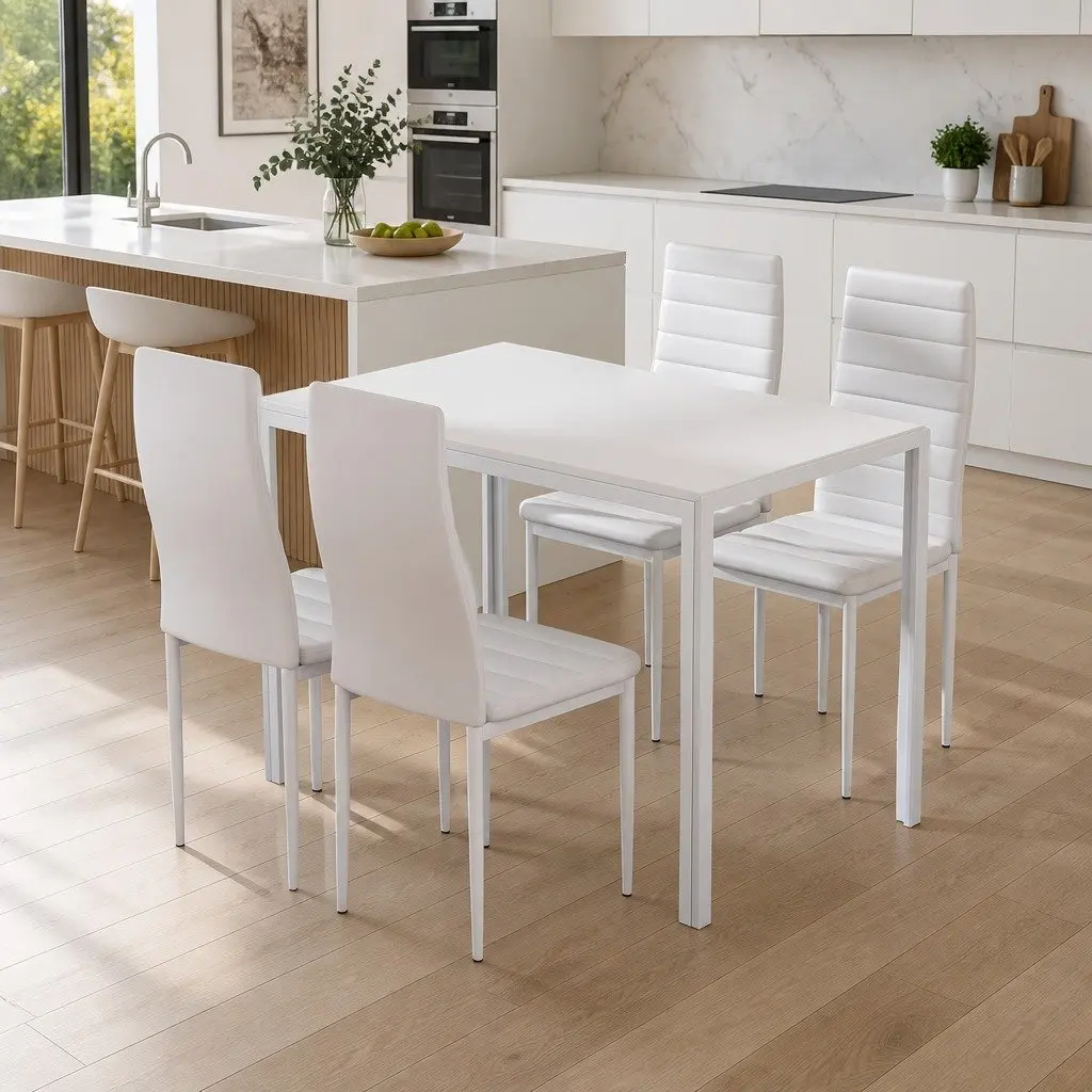 5 Piece White Dining Set with Modern Rectangular Table