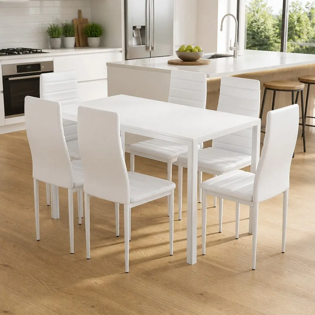 7 Piece Dining Set with Table and 6 White Chairs