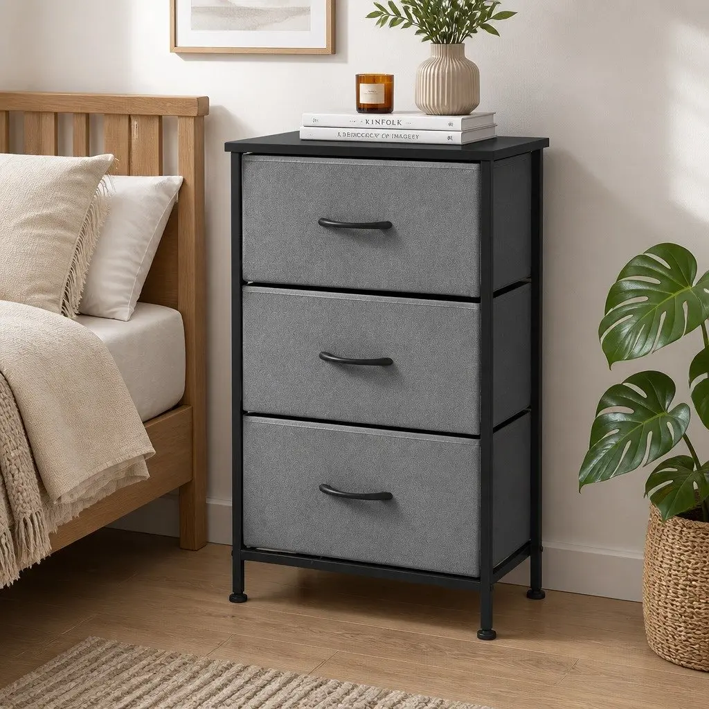 Chest of Drawers Black Set of 2 3 Drawer Storage Dresser MDF Metal Tube Frame