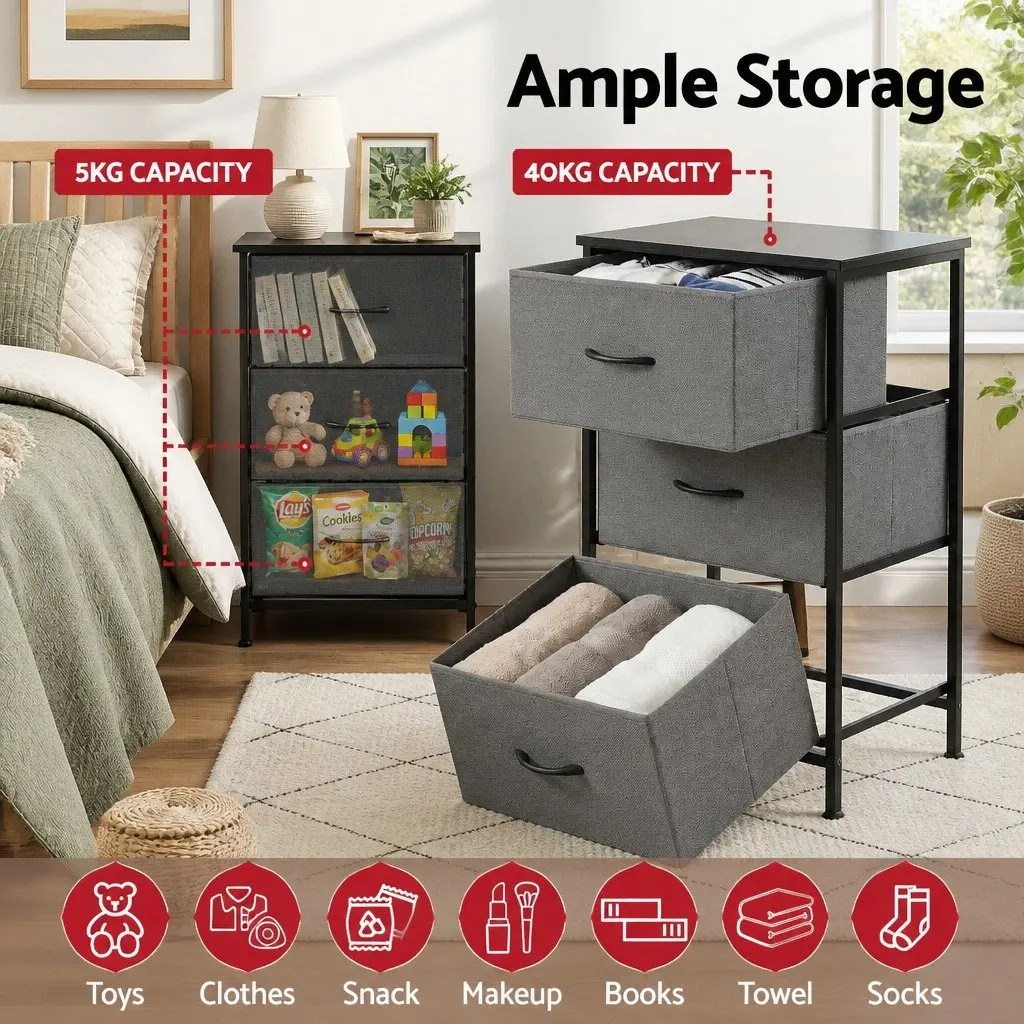 Chest of Drawers Black Set of 2 3 Drawer Storage Dresser MDF Metal Tube Frame