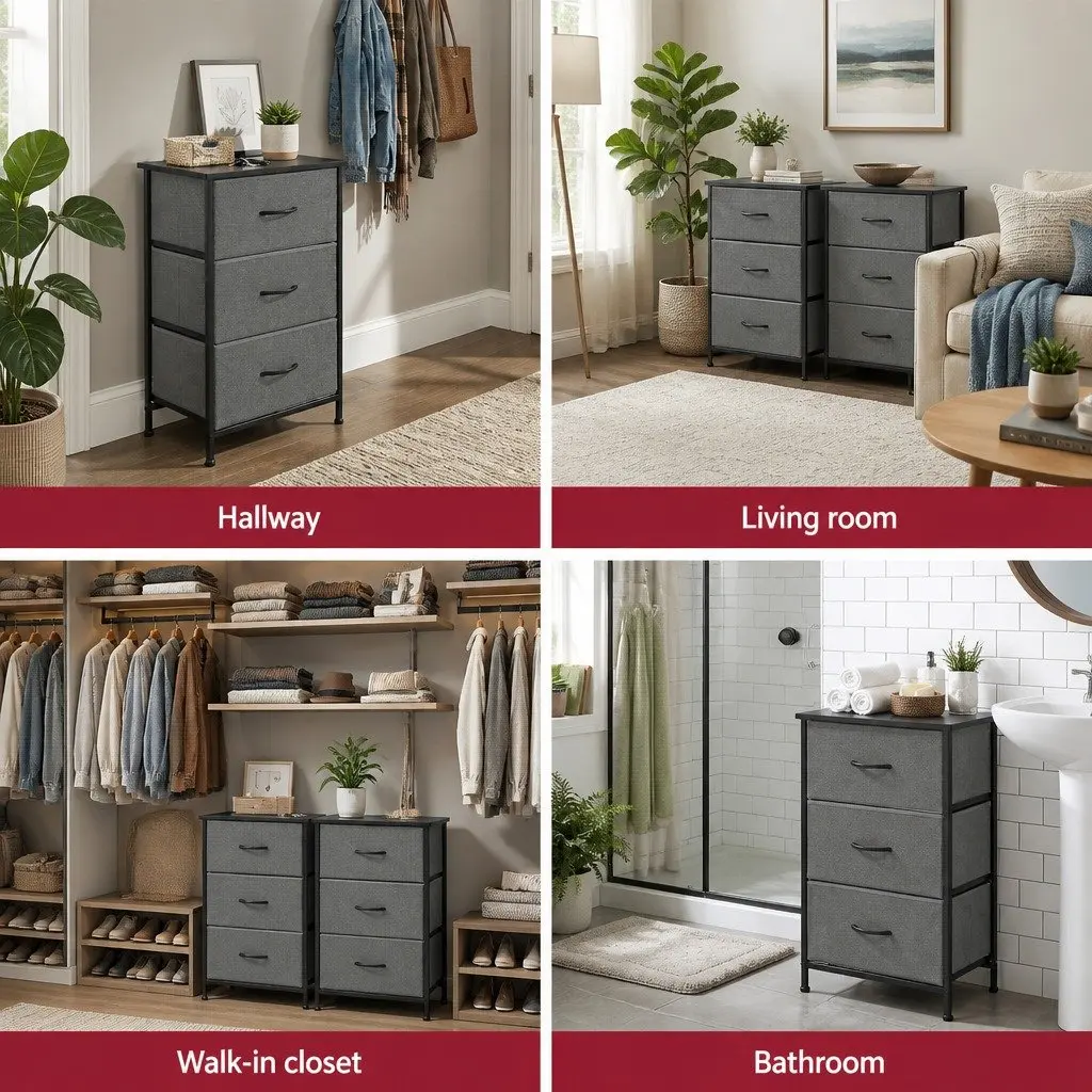 Chest of Drawers Black Set of 2 3 Drawer Storage Dresser MDF Metal Tube Frame