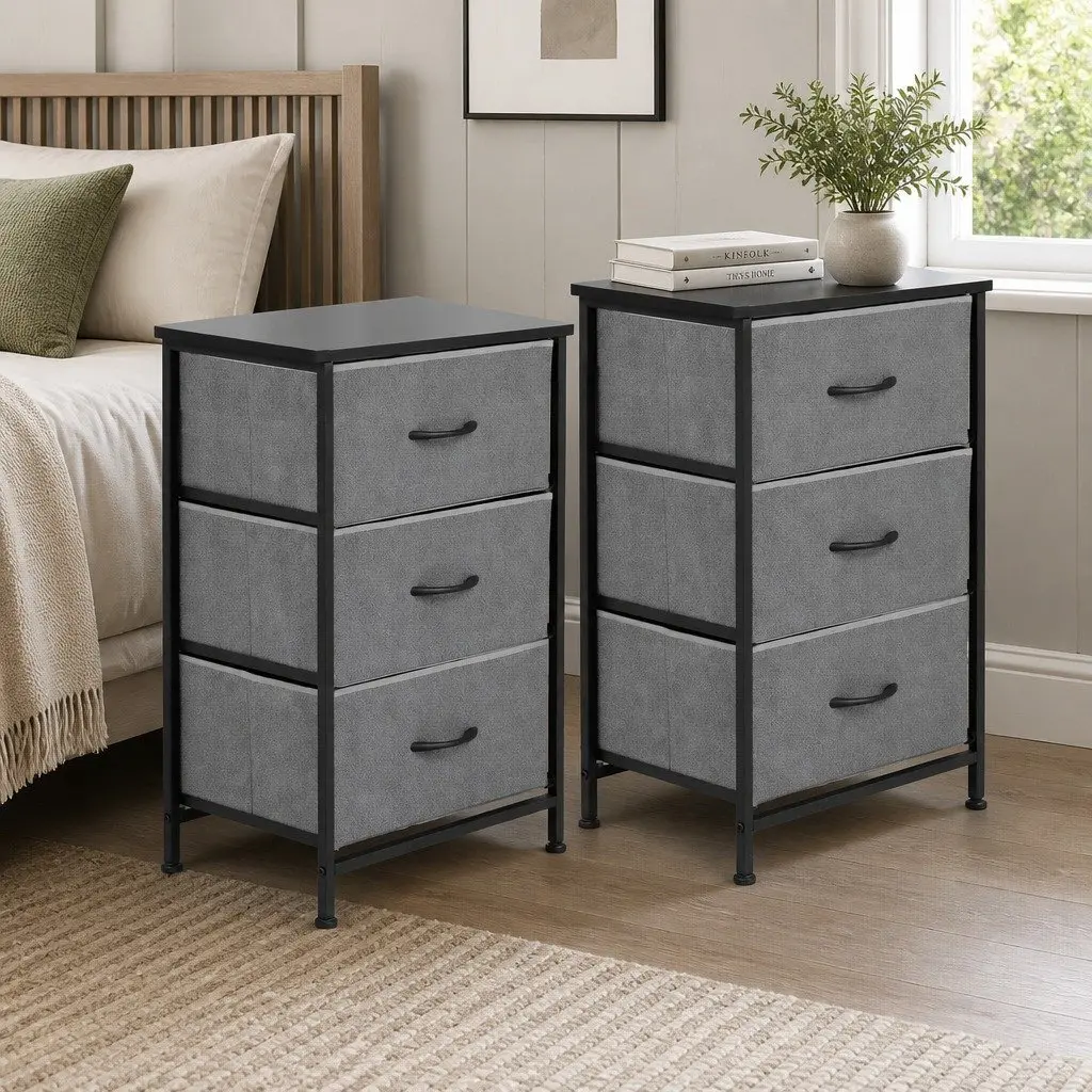 Chest of Drawers Black Set of 2 3 Drawer Storage Dresser MDF Metal Tube Frame