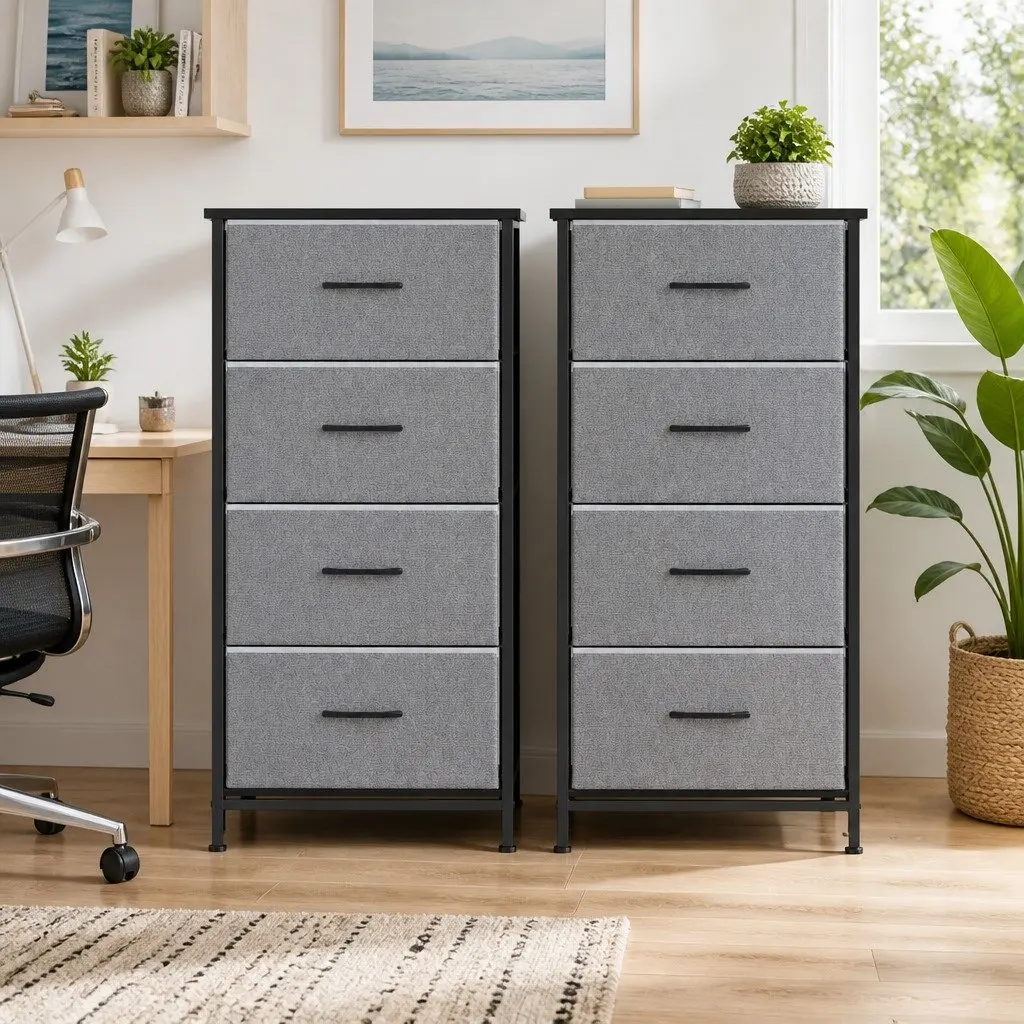 Chest of Drawers Grey 4 Drawers MDF Metal Frame Storage Dresser Set 2