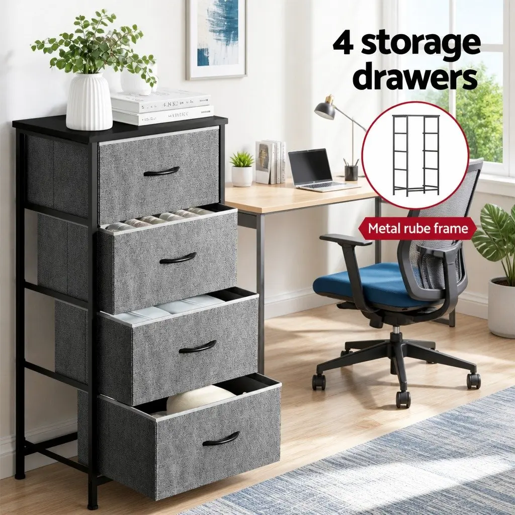 Chest of Drawers Grey 4 Drawers MDF Metal Frame Storage Dresser Set 2