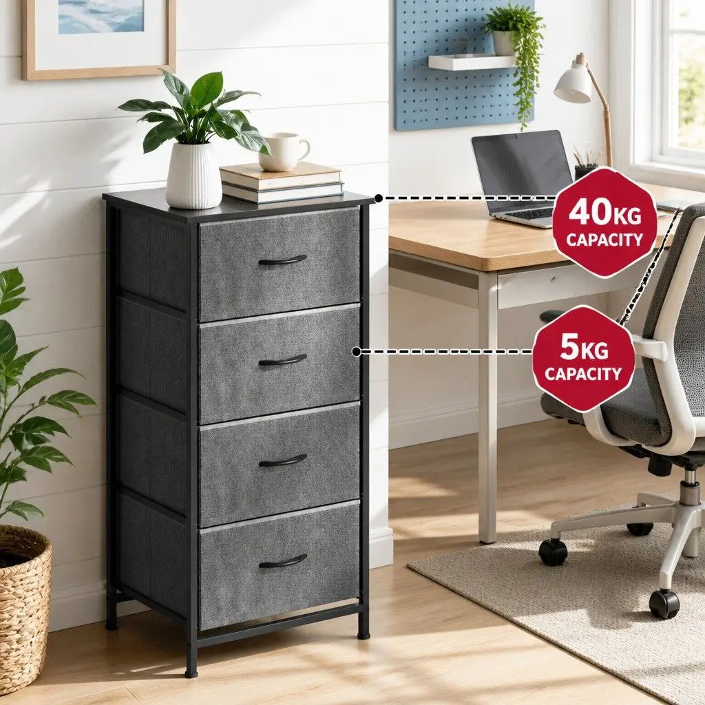Chest of Drawers Grey 4 Drawers MDF Metal Frame Storage Dresser Set 2