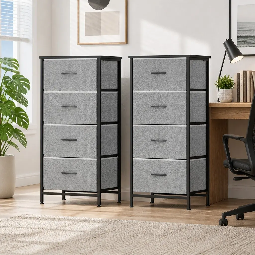 Chest of Drawers Grey 4 Drawers MDF Metal Frame Storage Dresser Set 2