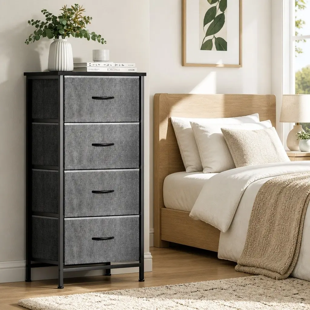 Chest of 4 Drawers Storage Dresser Tallboy Grey Black Bedroom Furniture Unit