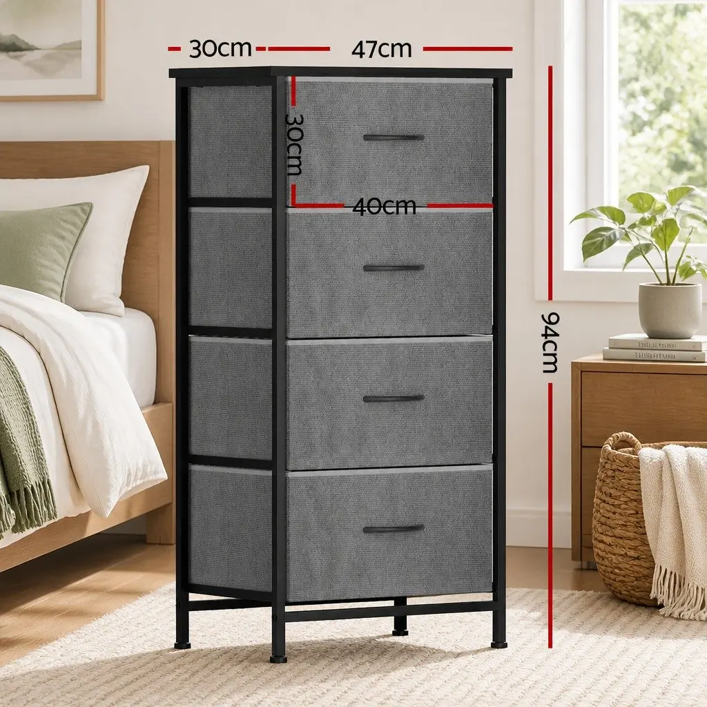 Chest of 4 Drawers Storage Dresser Tallboy Grey Black Bedroom Furniture Unit
