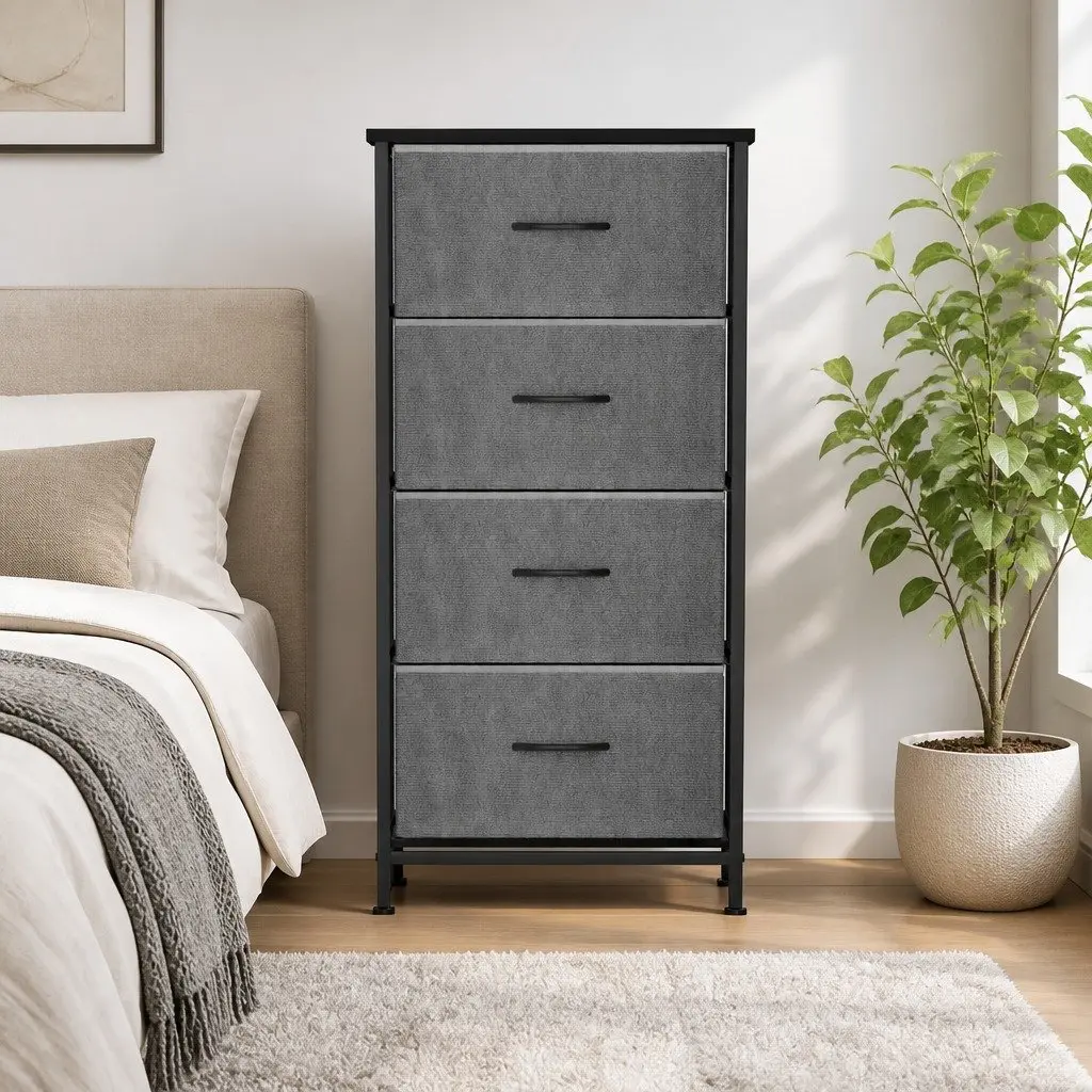 Chest of 4 Drawers Storage Dresser Tallboy Grey Black Bedroom Furniture Unit