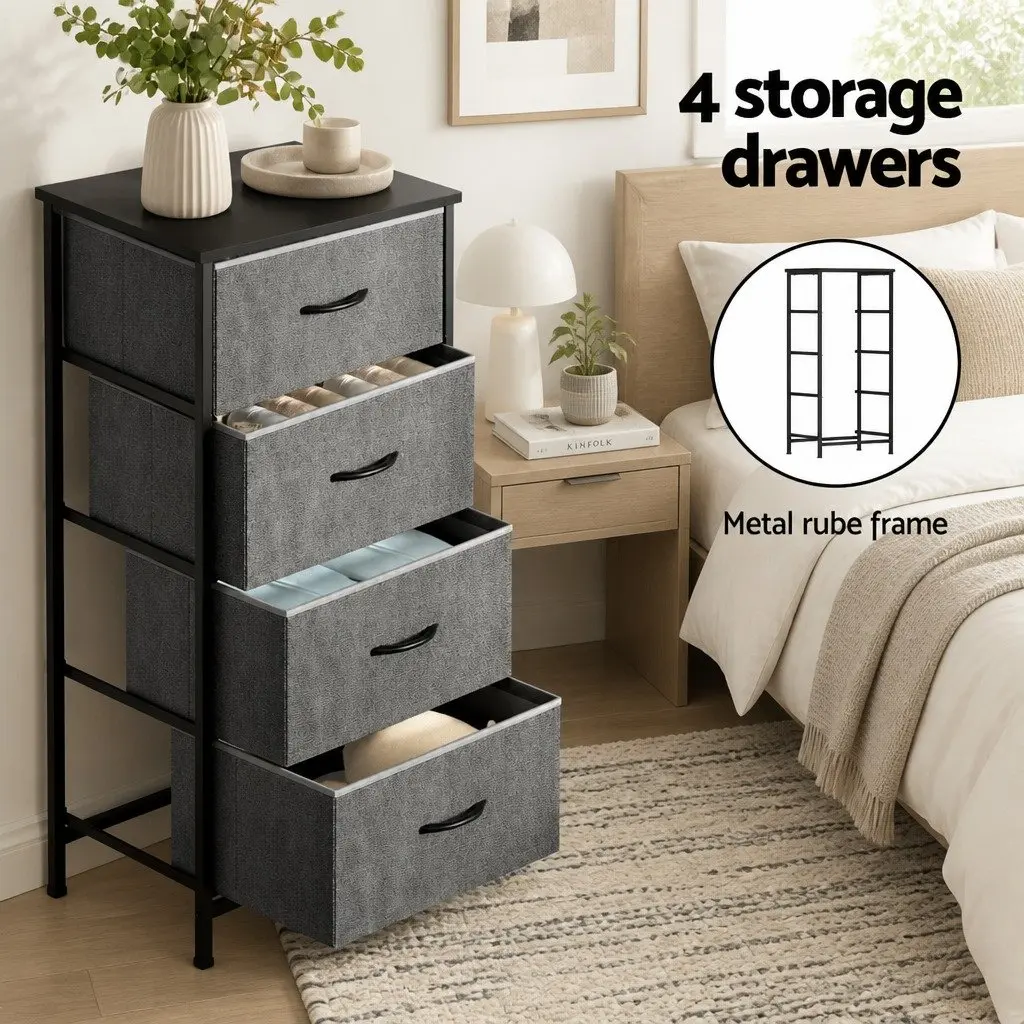 Chest of 4 Drawers Storage Dresser Tallboy Grey Black Bedroom Furniture Unit