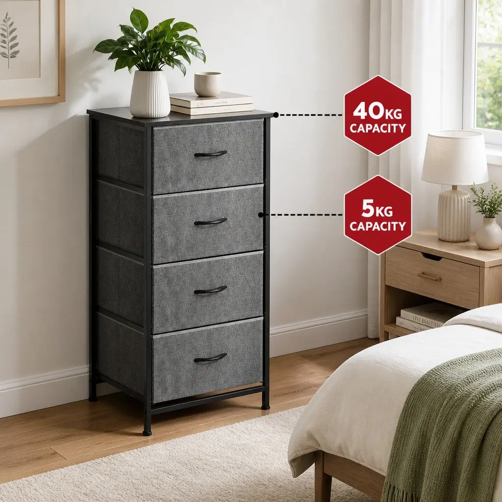 Chest of 4 Drawers Storage Dresser Tallboy Grey Black Bedroom Furniture Unit