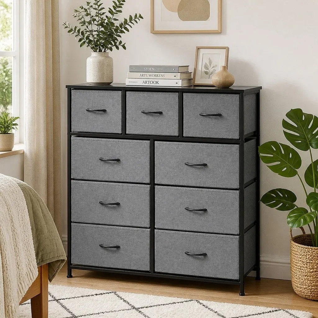 Chest of Drawers Tallboy Grey MDF Metal 9 Drawer Storage Dresser