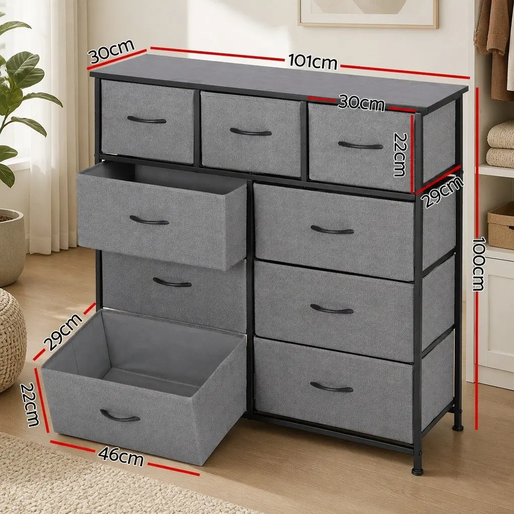 Chest of Drawers Tallboy Grey MDF Metal 9 Drawer Storage Dresser