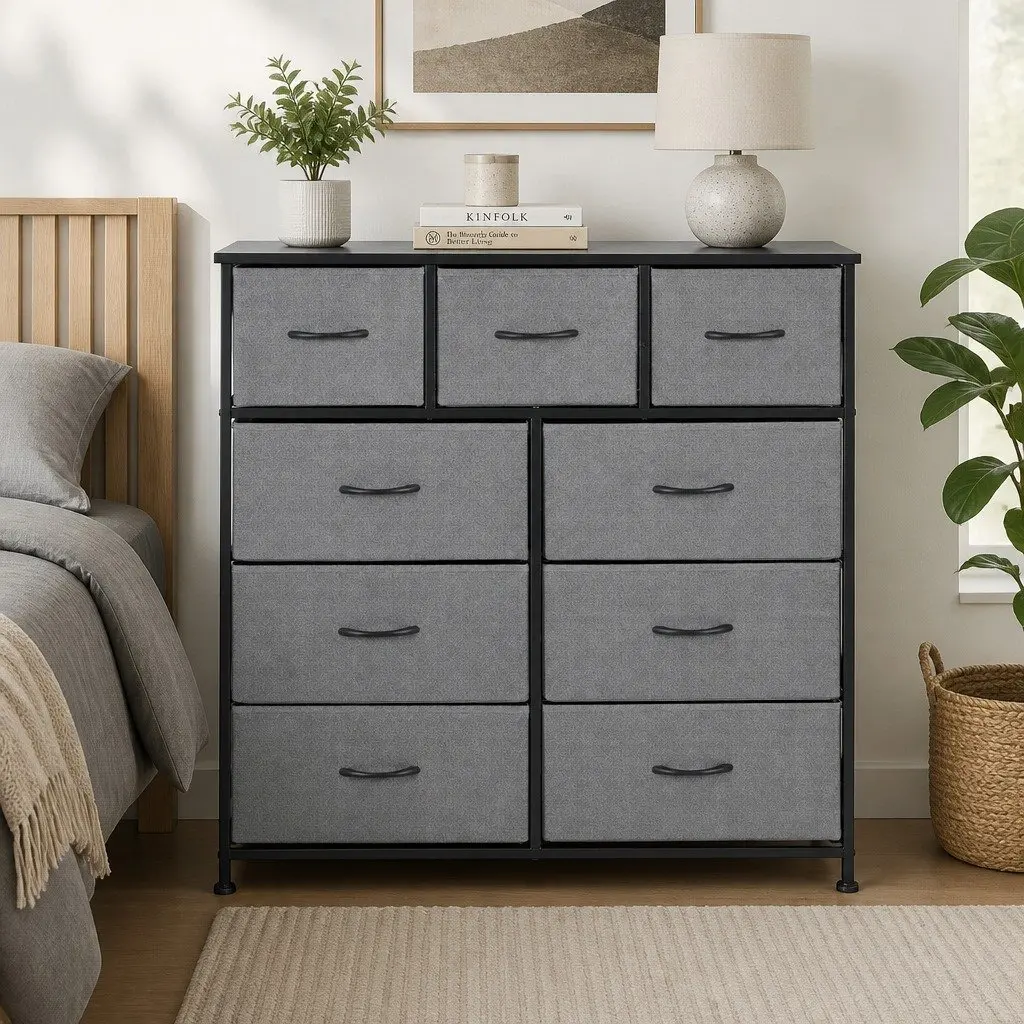Chest of Drawers Tallboy Grey MDF Metal 9 Drawer Storage Dresser