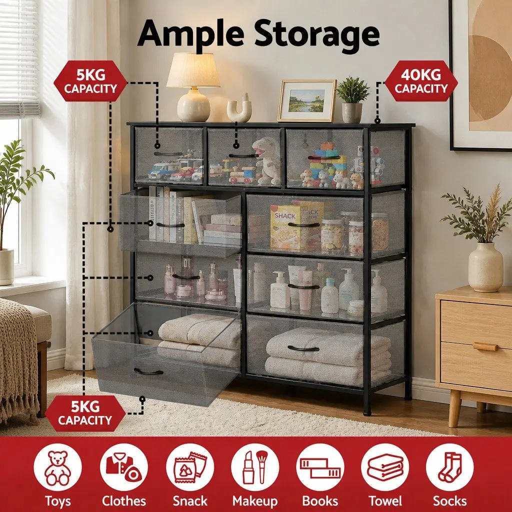 Chest of Drawers Tallboy Grey MDF Metal 9 Drawer Storage Dresser