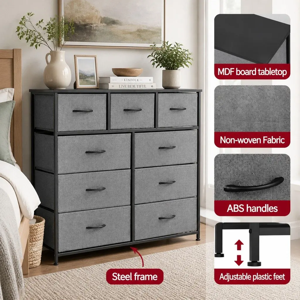 Chest of Drawers Tallboy Grey MDF Metal 9 Drawer Storage Dresser