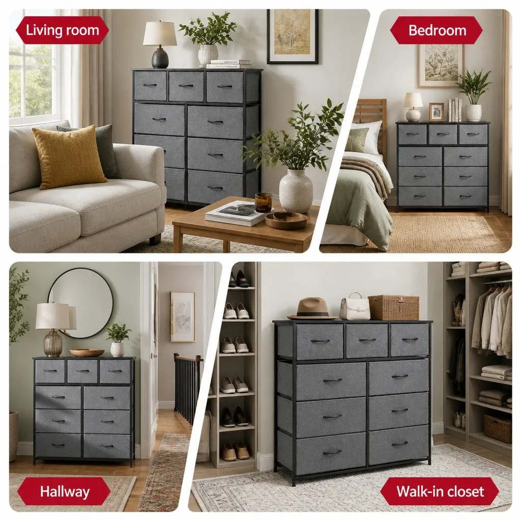 Chest of Drawers Tallboy Grey MDF Metal 9 Drawer Storage Dresser