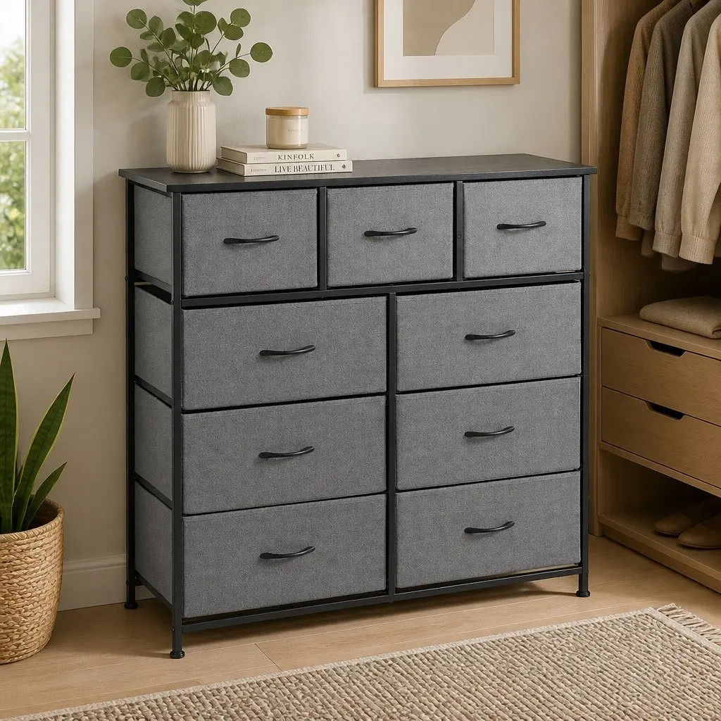 Chest of Drawers Tallboy Grey MDF Metal 9 Drawer Storage Dresser