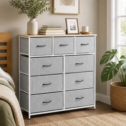 Chest of Drawers 9 Drawer Dresser Tallboy Storage Cabinet Bedroom Light Grey