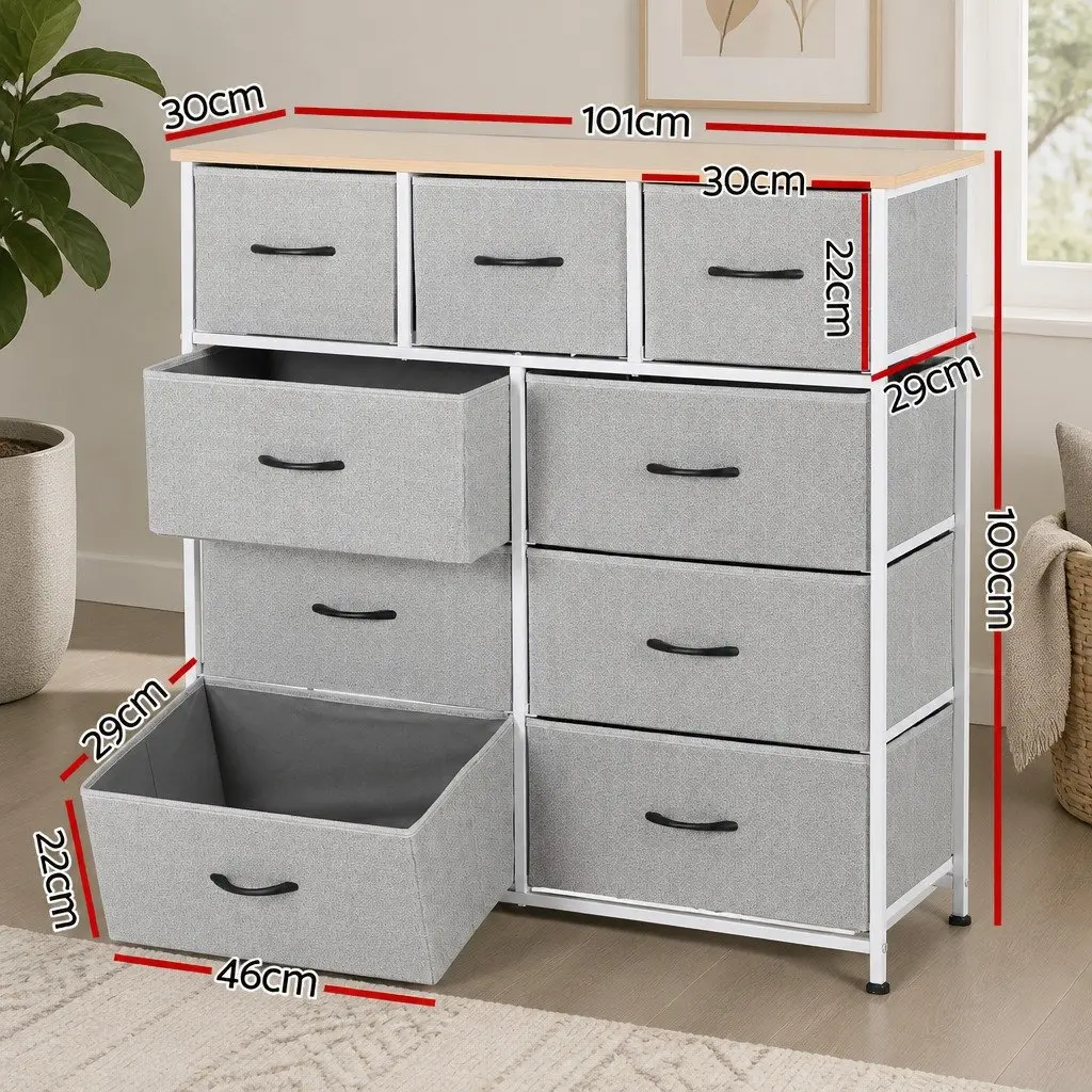Chest of Drawers Light Grey 9 Drawer Dresser Storage Cabinet Bedroom MDF Metal Frame Non-Woven Fabric