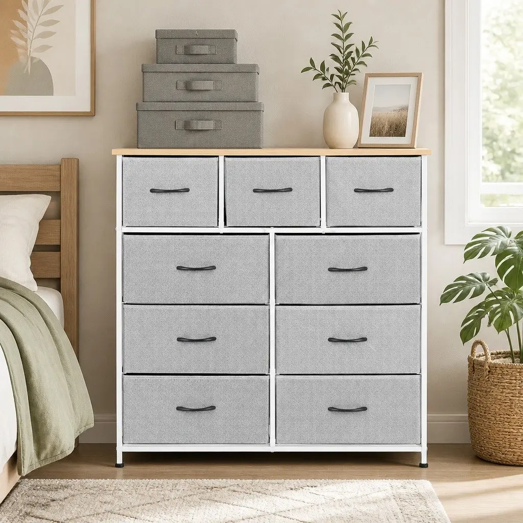 Chest of Drawers Light Grey 9 Drawer Dresser Storage Cabinet Bedroom MDF Metal Frame Non-Woven Fabric