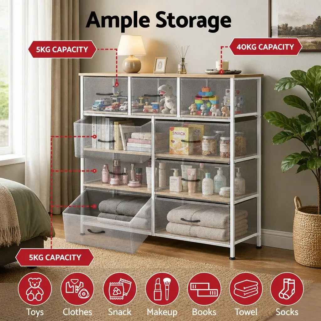 Chest of Drawers Light Grey 9 Drawer Dresser Storage Cabinet Bedroom MDF Metal Frame Non-Woven Fabric