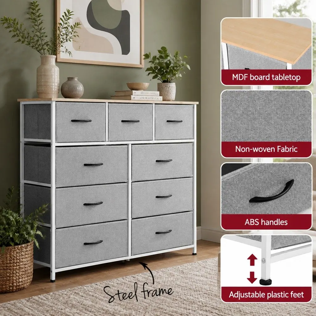 Chest of Drawers Light Grey 9 Drawer Dresser Storage Cabinet Bedroom MDF Metal Frame Non-Woven Fabric