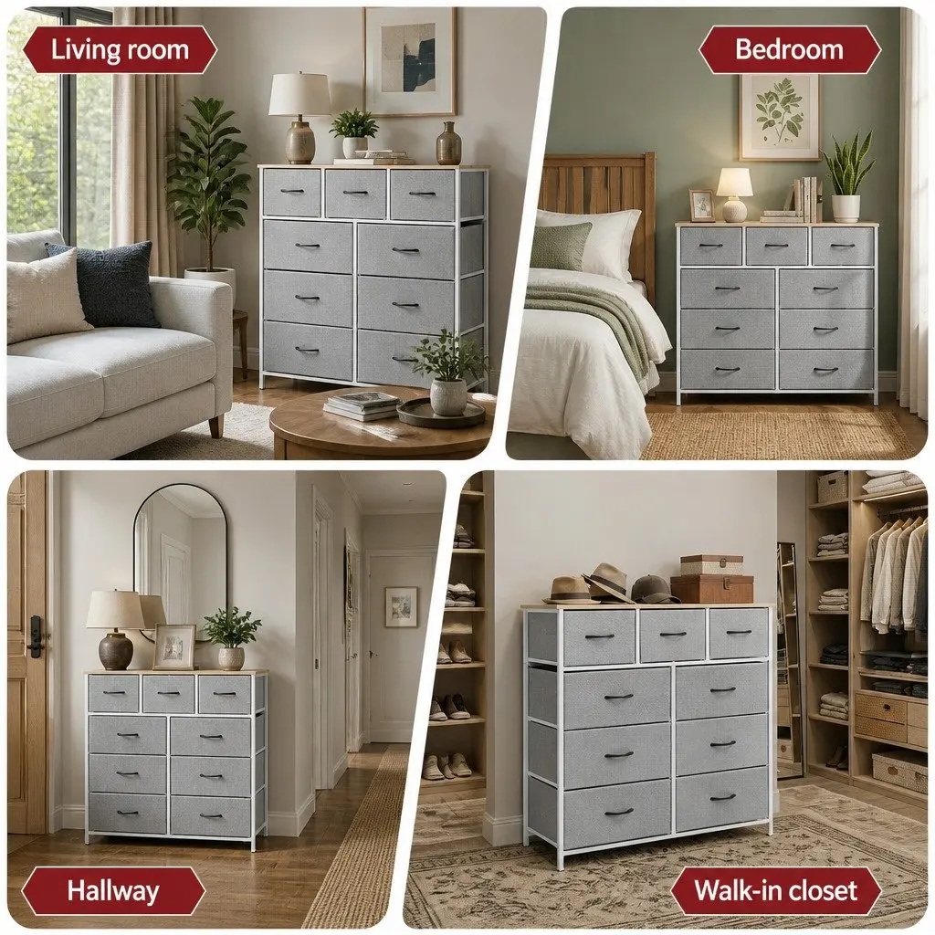 Chest of Drawers Light Grey 9 Drawer Dresser Storage Cabinet Bedroom MDF Metal Frame Non-Woven Fabric