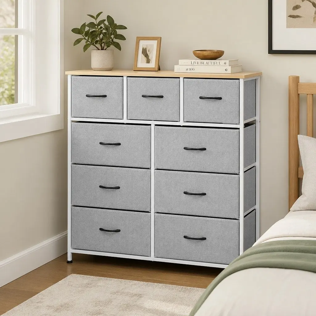 Chest of Drawers Light Grey 9 Drawer Dresser Storage Cabinet Bedroom MDF Metal Frame Non-Woven Fabric