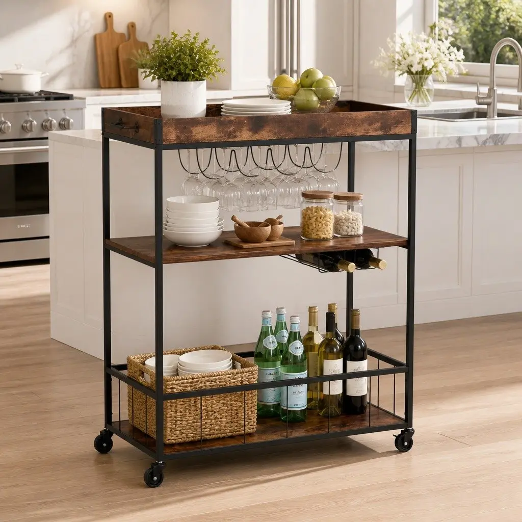 Walnut Mobile Kitchen Island with Three-Tier Storage