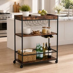 Walnut Mobile Kitchen Island with Three-Tier Storage