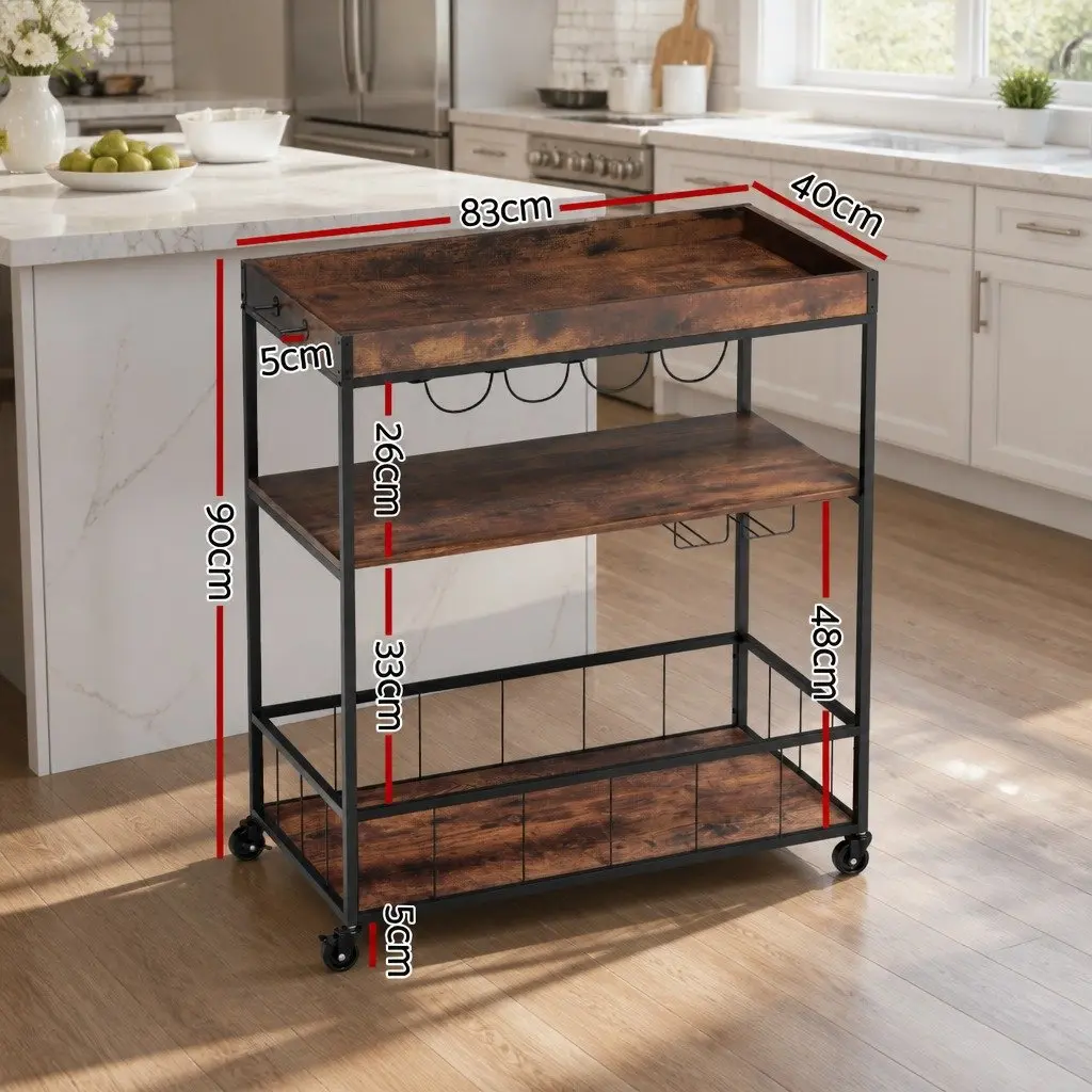 Mobile Kitchen Island Rolling Serving Cart Three-Tier Storage Trolley Walnut Metal Frame