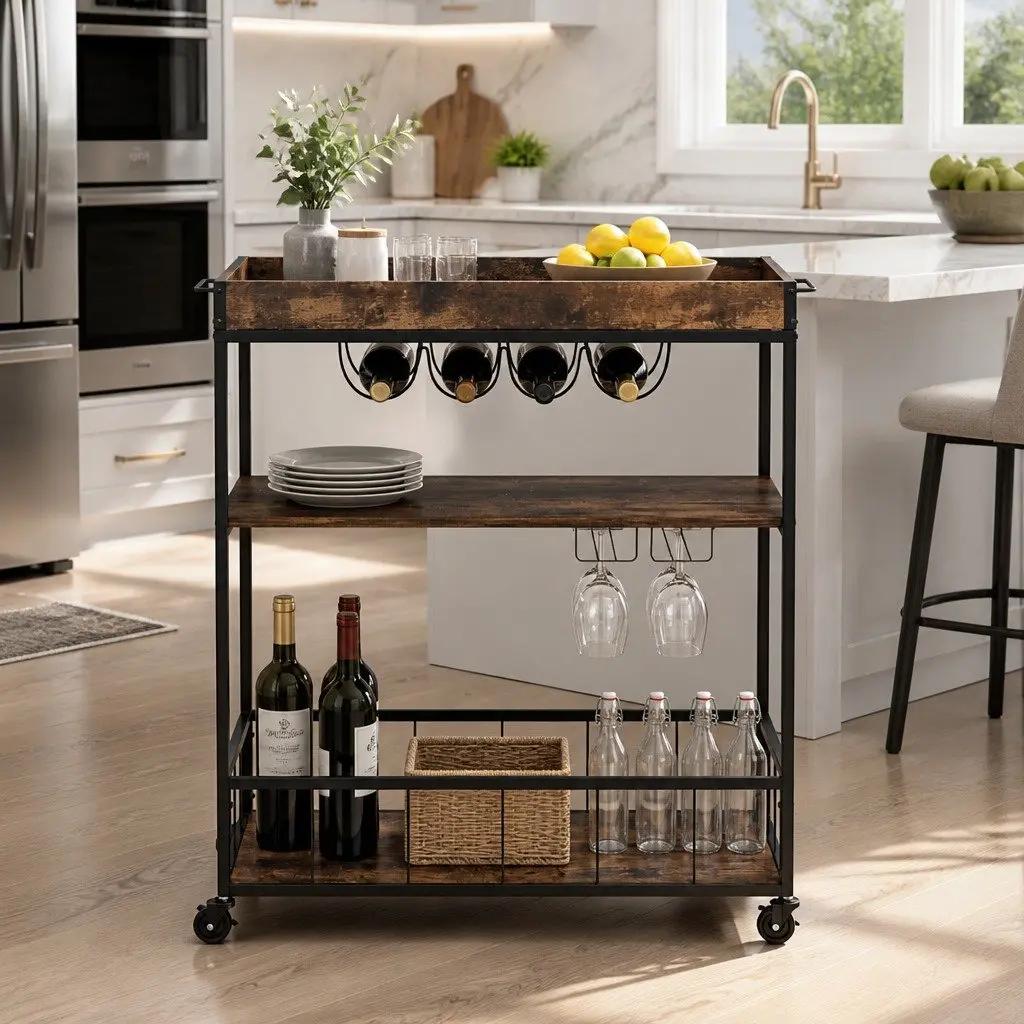 Mobile Kitchen Island Rolling Serving Cart Three-Tier Storage Trolley Walnut Metal Frame