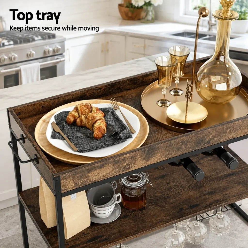 Mobile Kitchen Island Rolling Serving Cart Three-Tier Storage Trolley Walnut Metal Frame