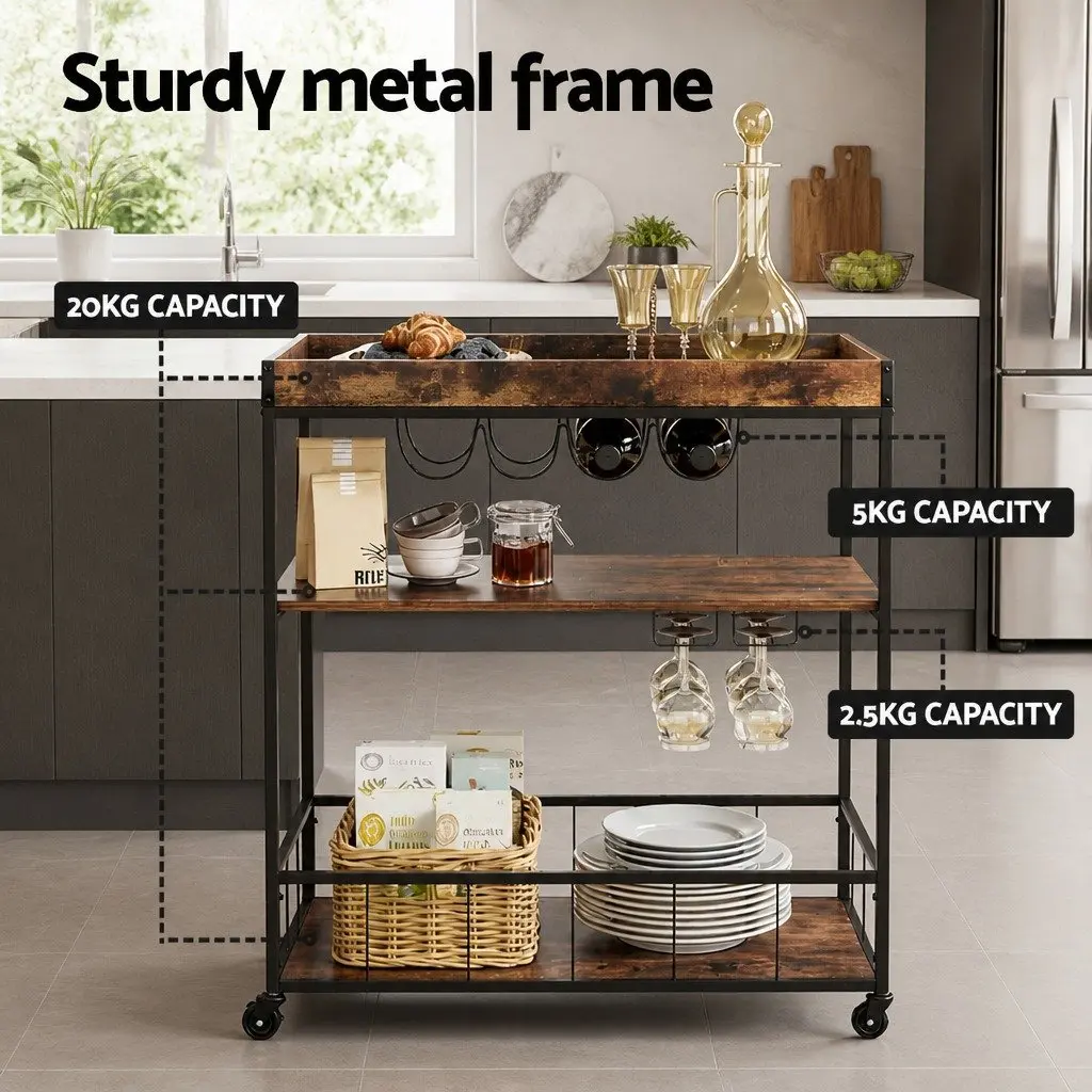 Mobile Kitchen Island Rolling Serving Cart Three-Tier Storage Trolley Walnut Metal Frame