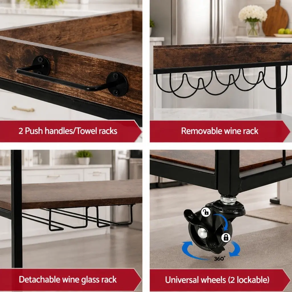 Mobile Kitchen Island Rolling Serving Cart Three-Tier Storage Trolley Walnut Metal Frame