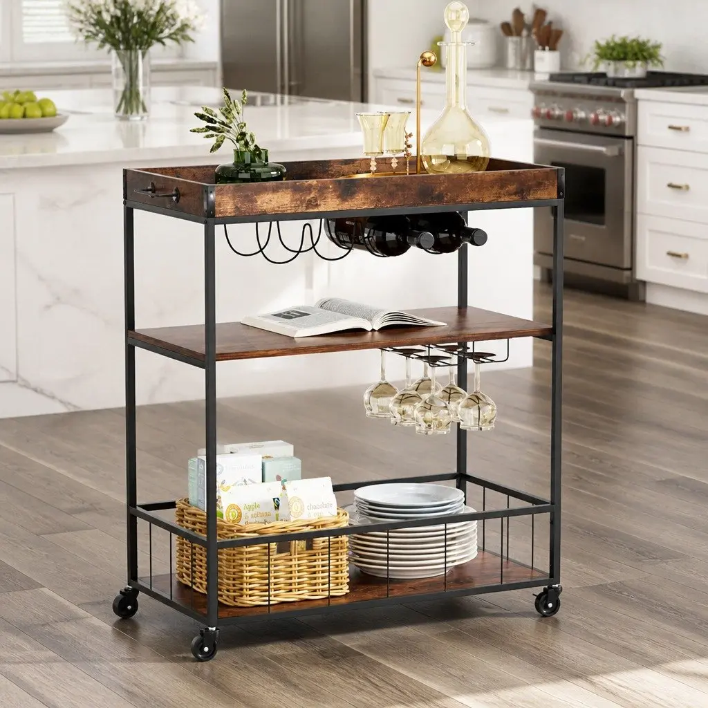 Mobile Kitchen Island Rolling Serving Cart Three-Tier Storage Trolley Walnut Metal Frame